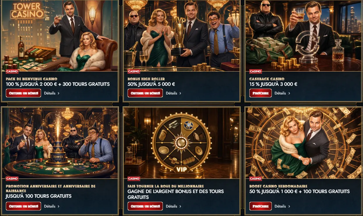 Promotions Tower Casino — pack de bienvenue 100 % jusqu’à 2 000 € + 200 tours gratuits